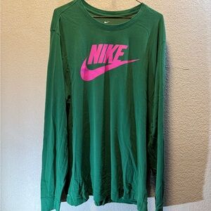 Nike Green Long Sleeve Dri-fit Tee with Pink Logo